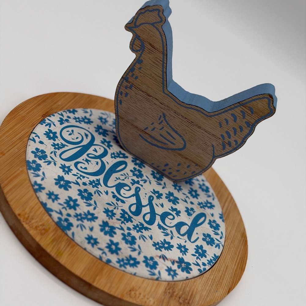 Blessed‎ Farmhouse Bamboo Trivet Blue Floral Ceramic Inset with Wooden Chicken